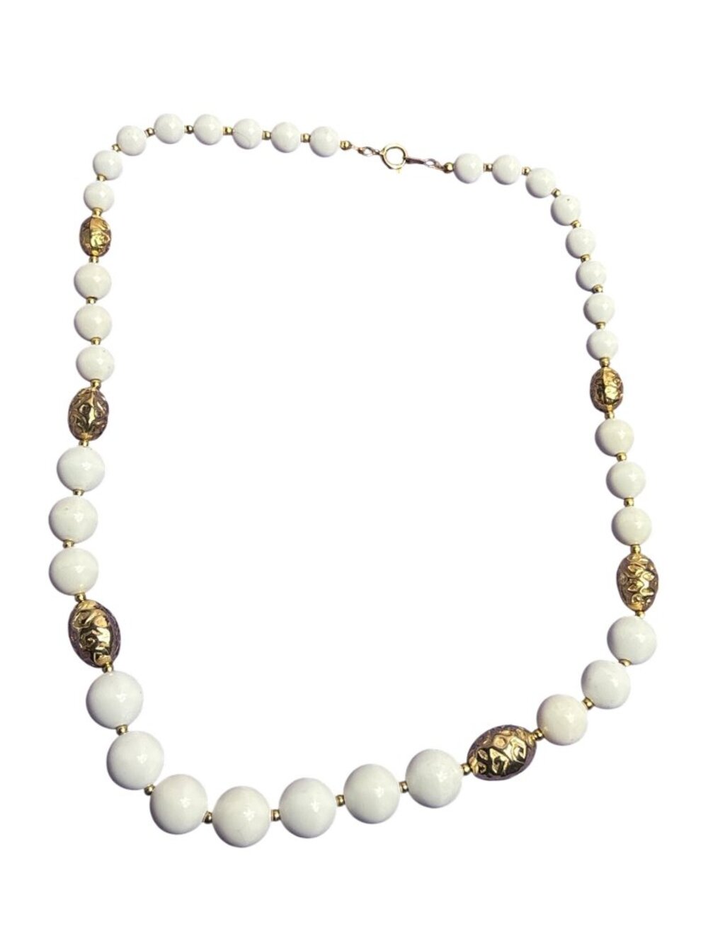 Vintage 80s White Plastic Beaded Necklace Textured Goldtone Graduated 24 inches